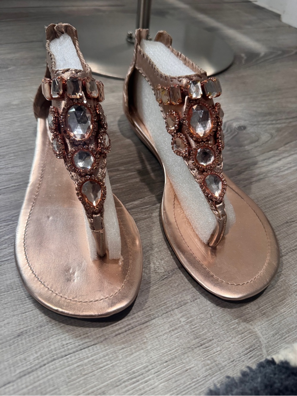 Enzo Angiolini Rose Gold Jeweled T-Strap Sandals
